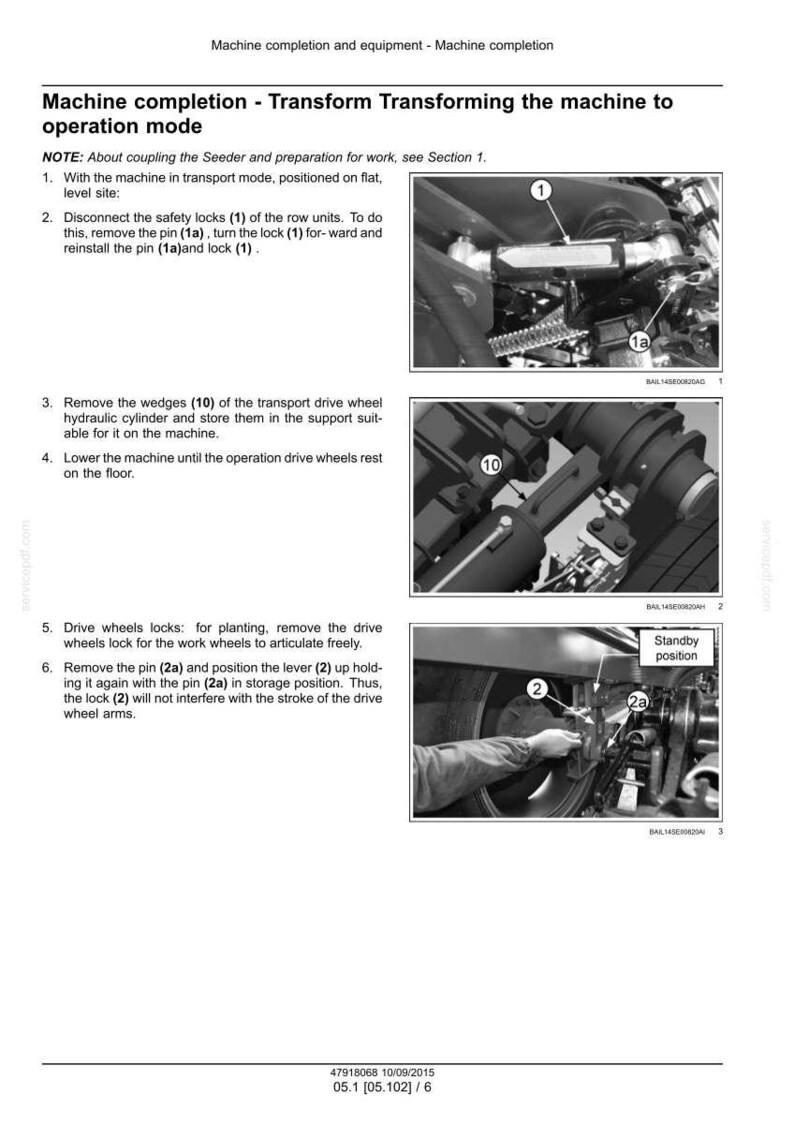 May include: Black and white technical diagram illustrating machine completion steps. Includes close-up photos of mechanical components, pins, and levers. Text instructions accompany each step, detailing the transformation process.