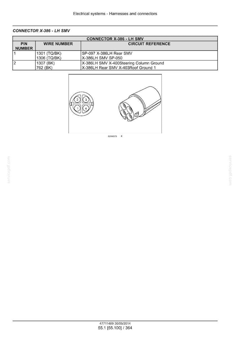 May include: Diagram of an electrical connector labeled "CONNECTOR X-386 - LH SMV." The image includes a table with pin and wire numbers, and circuit references. The connector is cylindrical with four circular openings.