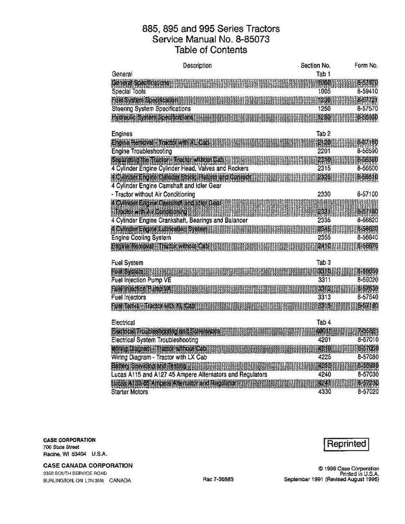 May include: A service manual for 885, 895, and 995 series tractors. The table of contents lists sections on engines, fuel systems, and electrical systems. The manual is from Case Corporation, printed in 1996.
