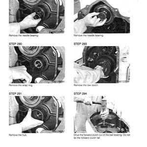 May include: A black and white technical diagram with step-by-step instructions for mechanical repair. The diagram includes close-up images of components and text instructions such as "Remove the needle bearing" and "Remove the snap ring."