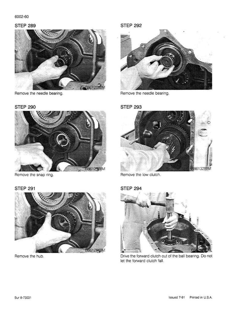 May include: A black and white technical diagram with step-by-step instructions for mechanical repair. The diagram includes close-up images of components and text instructions such as "Remove the needle bearing" and "Remove the snap ring."