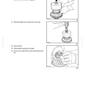 May include: Page from a technical manual with illustrations of automotive transmission components. The images show steps for assembling and attaching parts, including a clutch disc carrier and snap ring. Text includes instructions and section details.