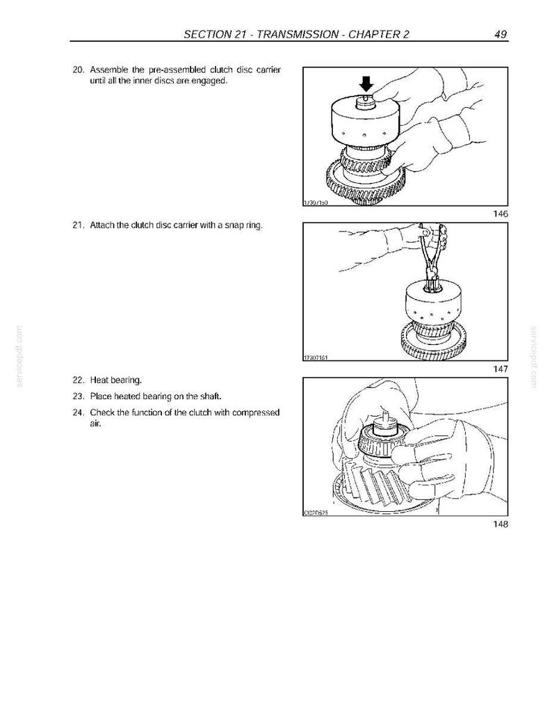 May include: Page from a technical manual with illustrations of automotive transmission components. The images show steps for assembling and attaching parts, including a clutch disc carrier and snap ring. Text includes instructions and section details.