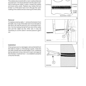 May include: Diagrams and instructions for belt lacing cables. Includes illustrations of cable components, removal, and installation steps. Features measurements of 3 mm (1/8") for the cable.