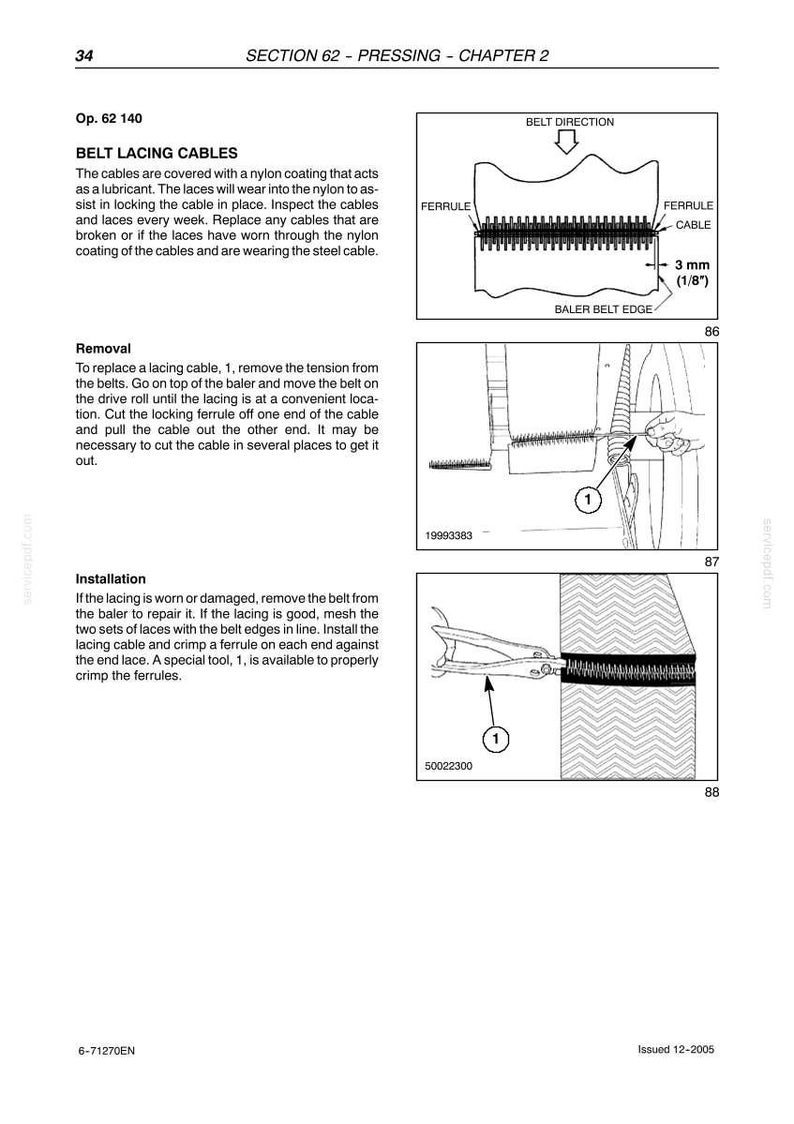 May include: Diagrams and instructions for belt lacing cables. Includes illustrations of cable components, removal, and installation steps. Features measurements of 3 mm (1/8") for the cable.