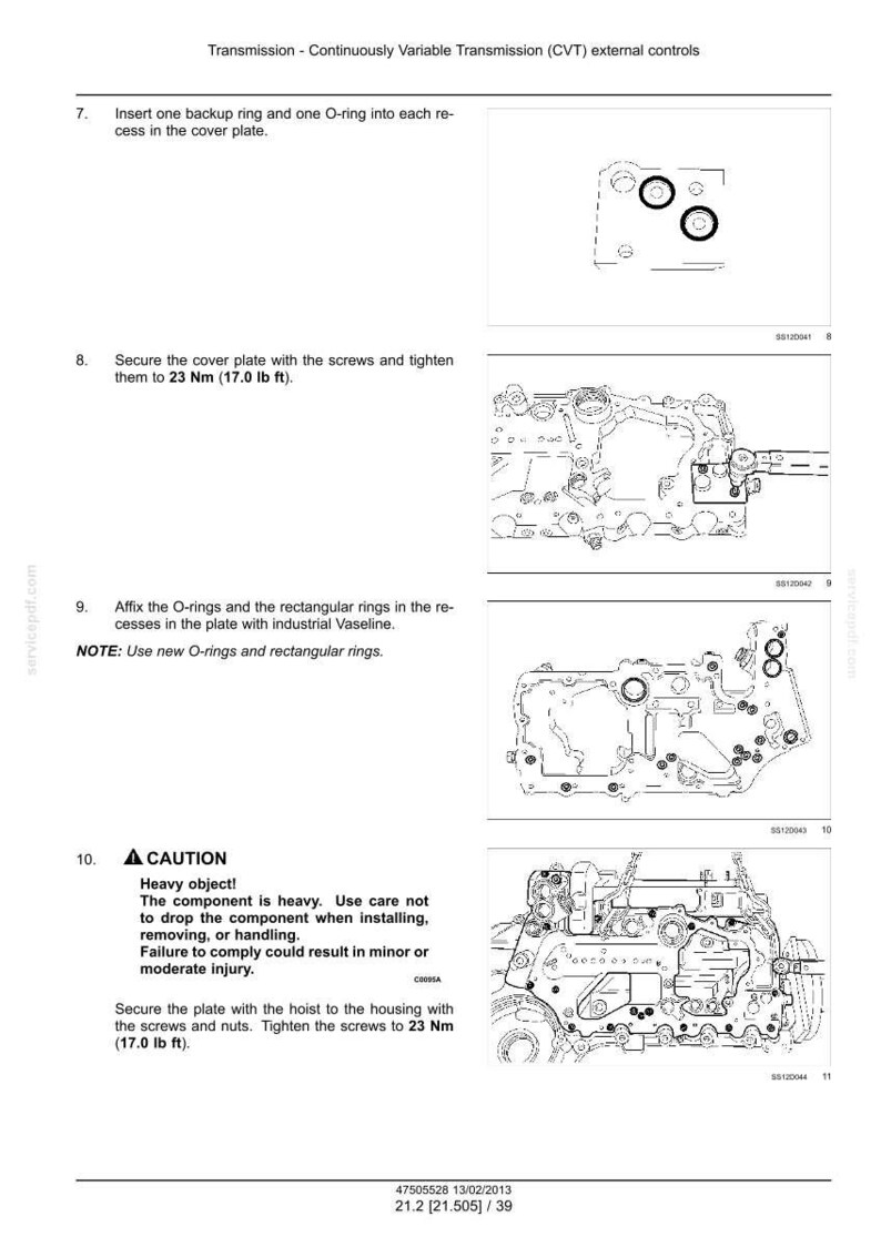 May include: A technical service manual page for a Continuously Variable Transmission (CVT) featuring black and white line drawings of mechanical components, O-rings, and cover plates with assembly instructions and torque specifications of 23 Nm.