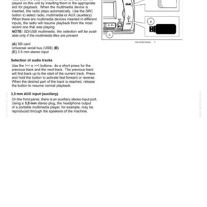 May include: Diagram of a car stereo with labeled ports for SD card, USB, and AUX input. The diagram also shows the SRC button and track selection buttons. The text explains how to use the different audio sources.