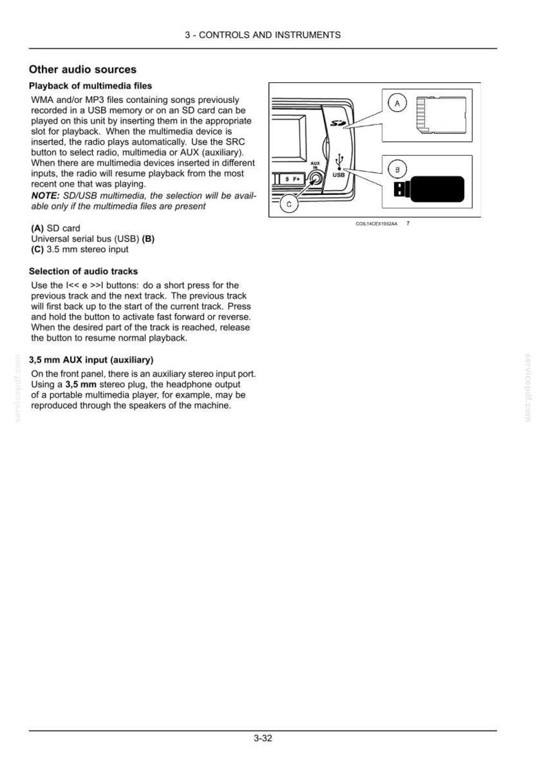 May include: Diagram of a car stereo with labeled ports for SD card, USB, and AUX input. The diagram also shows the SRC button and track selection buttons. The text explains how to use the different audio sources.