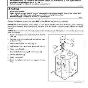 May include: Diagram of a hydraulic oil return filter with numbered components and a step-by-step maintenance guide. Includes warnings about burn hazards and pressurized systems. Text includes instructions for filter replacement and fluid checks.