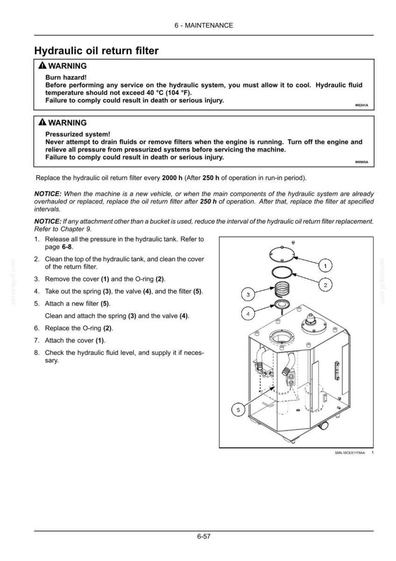May include: Diagram of a hydraulic oil return filter with numbered components and a step-by-step maintenance guide. Includes warnings about burn hazards and pressurized systems. Text includes instructions for filter replacement and fluid checks.