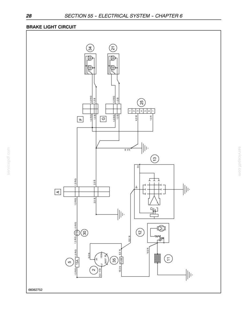May include: A technical schematic titled SECTION 55 - ELECTRICAL SYSTEM - CHAPTER 6 BRAKE LIGHT CIRCUIT. The black and white diagram displays electrical components, numbered nodes, wiring paths, ground symbols, and connectors labeled A, F, G.