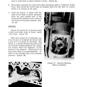 May include: Black and white technical diagrams from a manual, showing engine piston assembly and installation steps. Includes close-up views of components and text instructions. Figures 27 and 28 are labeled.