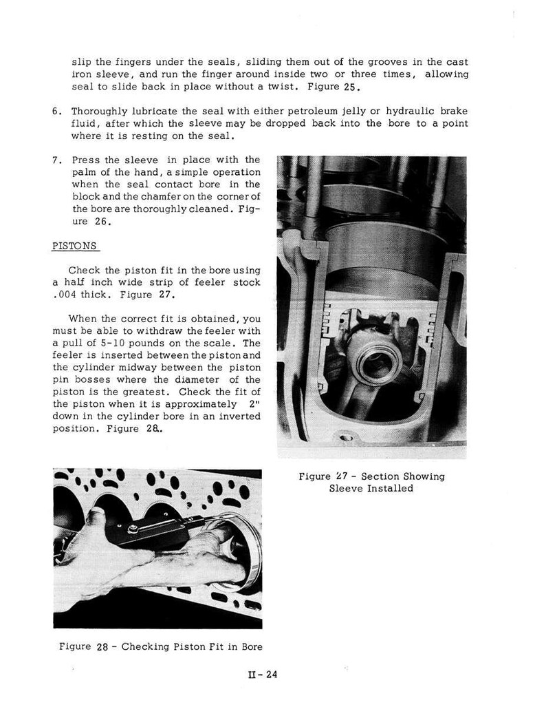 May include: Black and white technical diagrams from a manual, showing engine piston assembly and installation steps. Includes close-up views of components and text instructions. Figures 27 and 28 are labeled.