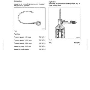 May include: A page from a service manual, titled "SERVICE MANUAL EC 350." It features diagrams of a pressure gauge and a stroke measuring device. Text includes part numbers and applications for hydraulic pressure measurement.
