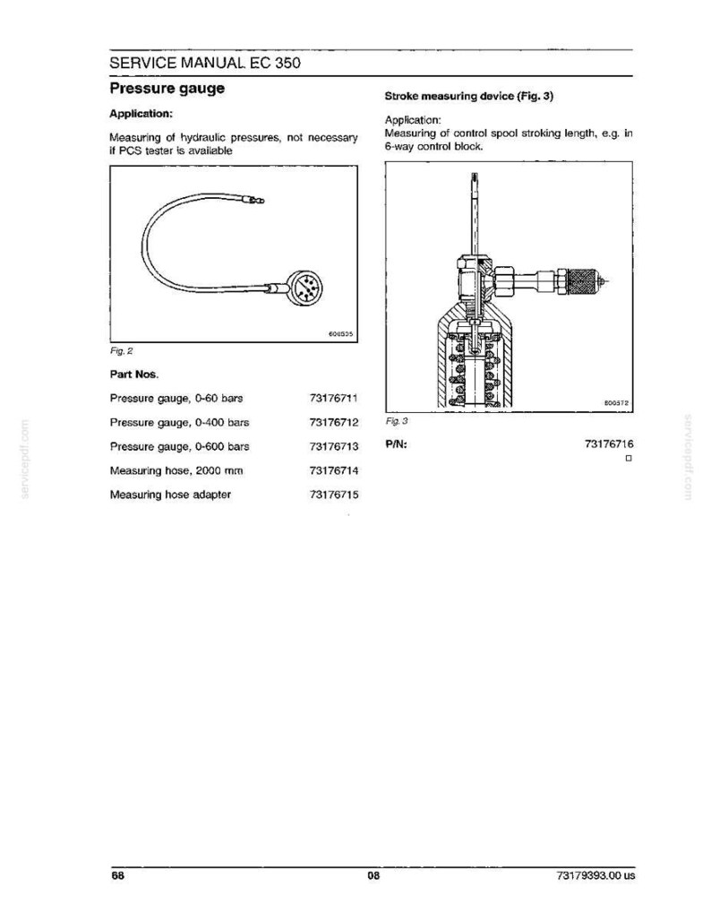 May include: A page from a service manual, titled "SERVICE MANUAL EC 350." It features diagrams of a pressure gauge and a stroke measuring device. Text includes part numbers and applications for hydraulic pressure measurement.