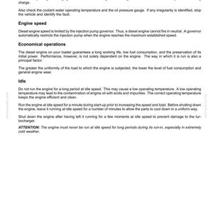 May include: A page from an operating manual with the title "4 - OPERATING INSTRUCTIONS". The text describes engine operations, including engine speed, economical operations, and idle procedures. The page includes safety warnings.