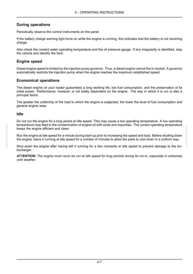 May include: A page from an operating manual with the title "4 - OPERATING INSTRUCTIONS". The text describes engine operations, including engine speed, economical operations, and idle procedures. The page includes safety warnings.