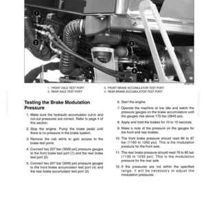 May include: Diagram of a machine's brake system, with labels for test ports and accumulators. The image includes text detailing the brake modulation pressure check procedure, including pressure readings in psi.