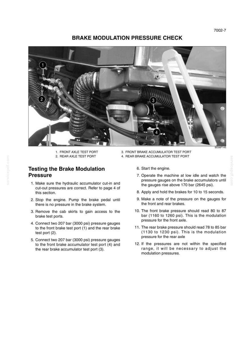 May include: Diagram of a machine's brake system, with labels for test ports and accumulators. The image includes text detailing the brake modulation pressure check procedure, including pressure readings in psi.
