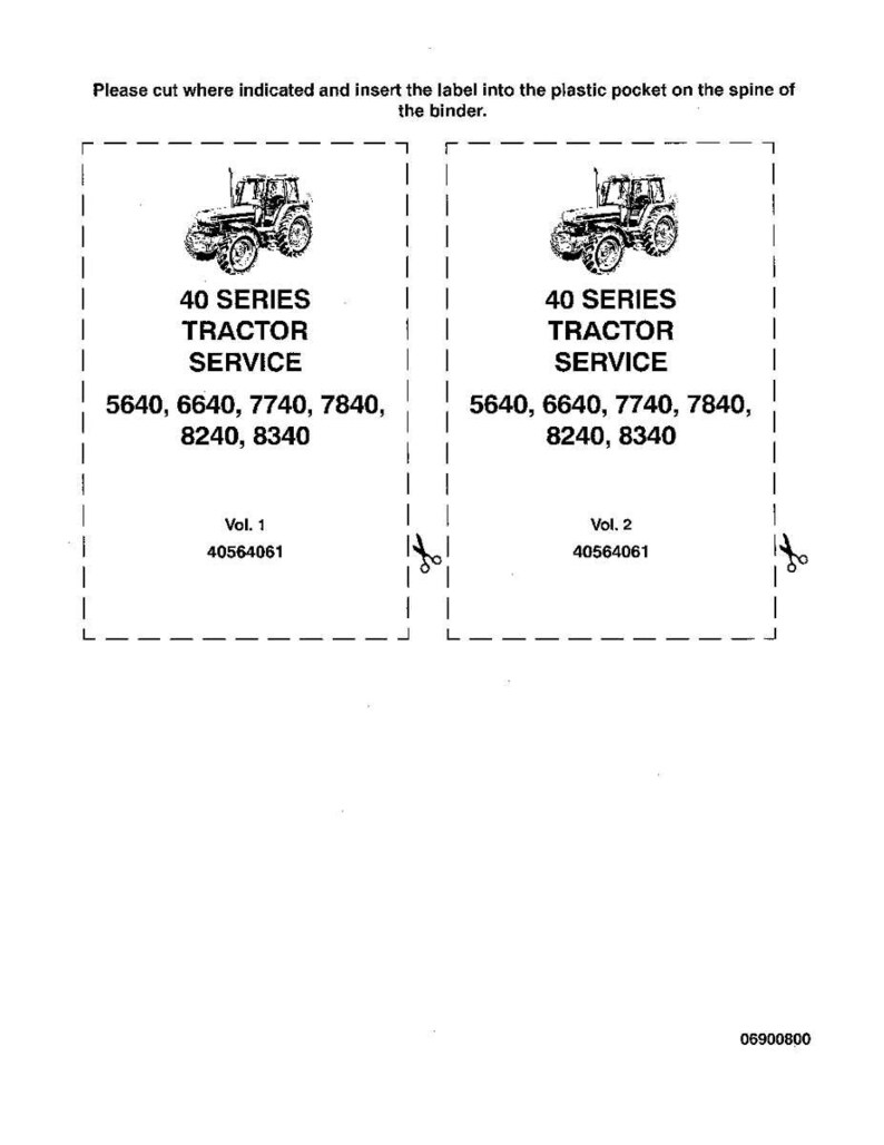 May include: Two labels with a tractor graphic and text. The labels read "40 SERIES TRACTOR SERVICE" and list tractor model numbers. The text "Please cut where indicated and insert the label into the plastic pocket on the spine of the binder" is at the top.