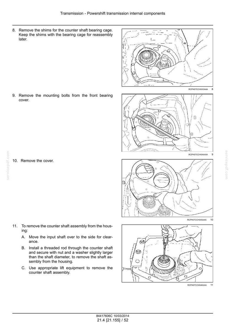 May include: Diagrams illustrating the removal of internal components from a Powershift transmission. The images show steps like removing shims, bolts, and the cover, with text instructions. The diagrams are in black and white.
