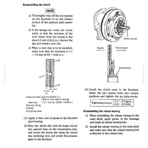 May include: A detailed technical diagram illustrating clutch reassembly steps. Includes labeled diagrams of clutch components, measurements in inches, and instructions for installation and tightening torque specifications.
