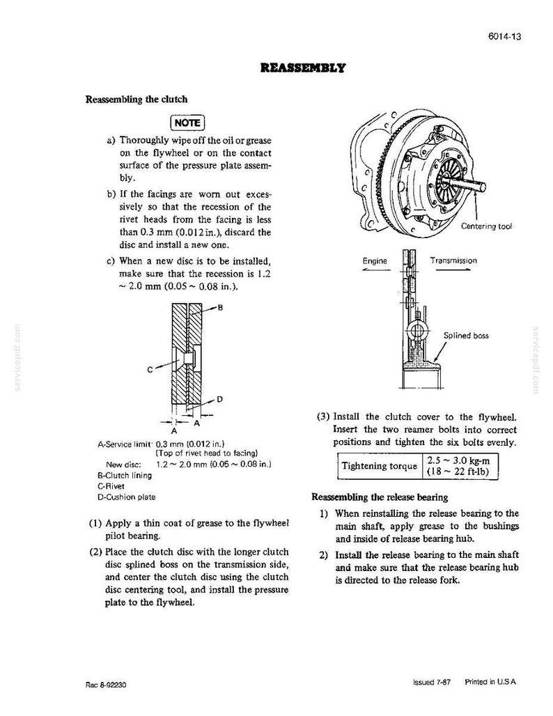 May include: A detailed technical diagram illustrating clutch reassembly steps. Includes labeled diagrams of clutch components, measurements in inches, and instructions for installation and tightening torque specifications.