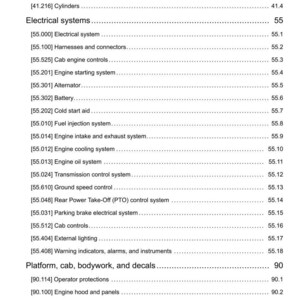 May include: A detailed technical manual page with a table of contents. The document lists various systems and components, including electrical systems, engine parts, and platform components. The page is white with black text.