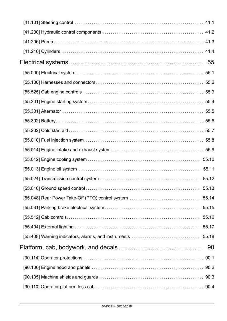 May include: A detailed technical manual page with a table of contents. The document lists various systems and components, including electrical systems, engine parts, and platform components. The page is white with black text.