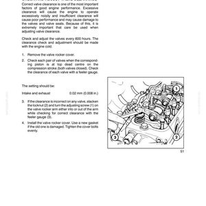May include: A technical manual page titled SECTION 3 - LUBRICATION AND MAINTENANCE, OPERATION 32, CHECK AND ADJUST VALVE CLEARANCE. It includes instructions for engine maintenance, a 0.02 mm (0.008 in.) setting, and a diagram of a valve assembly.