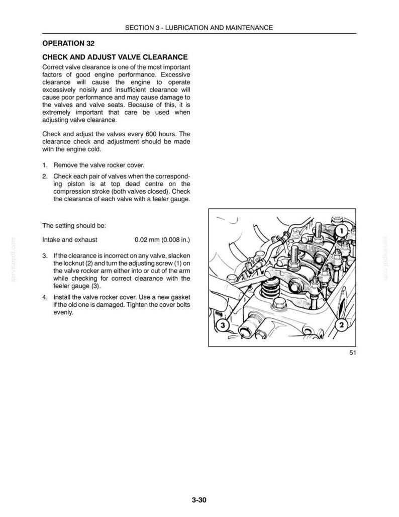 May include: A technical manual page titled SECTION 3 - LUBRICATION AND MAINTENANCE, OPERATION 32, CHECK AND ADJUST VALVE CLEARANCE. It includes instructions for engine maintenance, a 0.02 mm (0.008 in.) setting, and a diagram of a valve assembly.