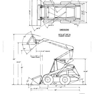 May include: A technical line drawing showing the dimensions of a skid steer loader with a 66 inch dirt and foundry bucket. The diagram includes top and side views with various measurements in inches, angles in degrees, and radii for operational range.
