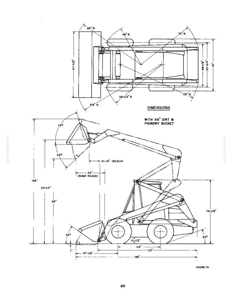 May include: A technical line drawing showing the dimensions of a skid steer loader with a 66 inch dirt and foundry bucket. The diagram includes top and side views with various measurements in inches, angles in degrees, and radii for operational range.