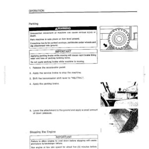 May include: A black and white technical manual page titled OPERATION, detailing parking procedures for heavy machinery. It includes text instructions, a warning box, and three illustrations showing a tire with a wheel block, a gear shift, and a bucket.