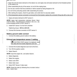 May include: A page from a manual detailing the installation of an exhaust gas recirculation (EGR) temperature sensor. Instructions include applying lubricant, installing the sensor, and connecting the harness. The text also includes a caution about resetting data.