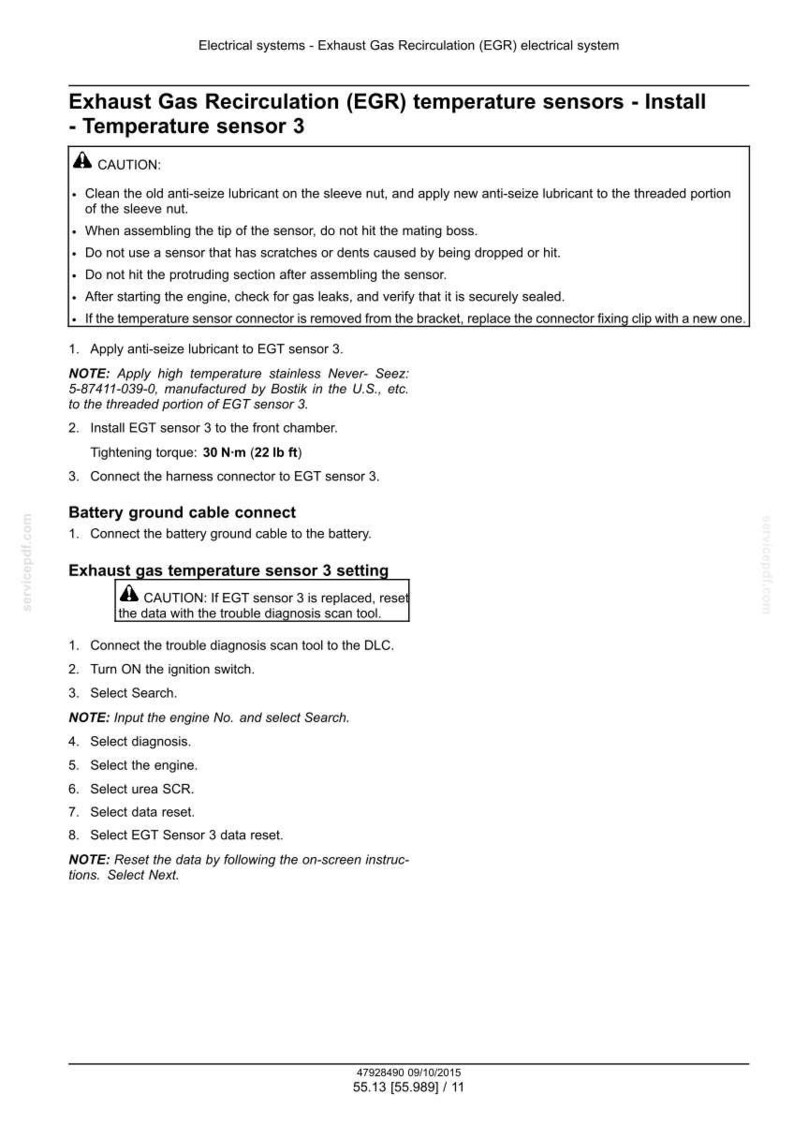 May include: A page from a manual detailing the installation of an exhaust gas recirculation (EGR) temperature sensor. Instructions include applying lubricant, installing the sensor, and connecting the harness. The text also includes a caution about resetting data.