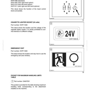 May include: A page from a manual with safety decals and hand signals. Includes diagrams for levers, pedals, a 24V cigarette lighter socket, and an emergency exit. Text includes part numbers and descriptions.