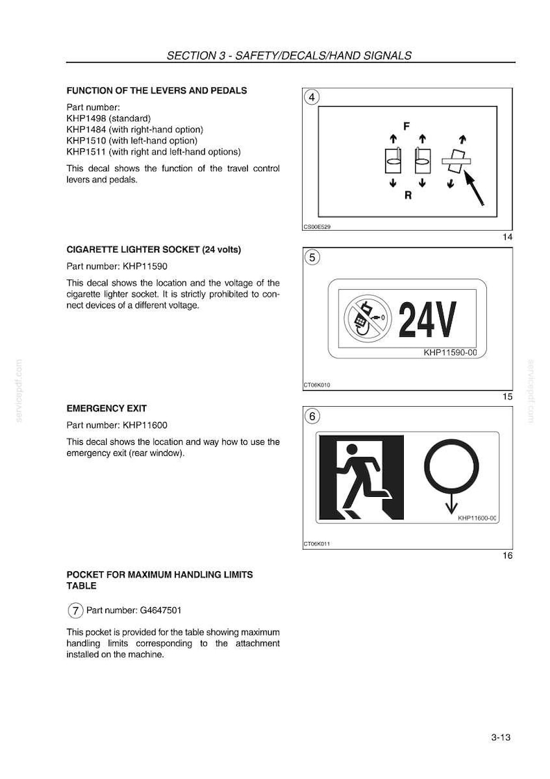 May include: A page from a manual with safety decals and hand signals. Includes diagrams for levers, pedals, a 24V cigarette lighter socket, and an emergency exit. Text includes part numbers and descriptions.