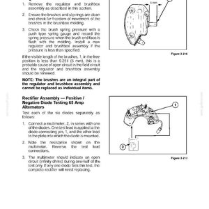 May include: A technical manual page titled Section 3 - Electrical, featuring instructions for Brushes-and-Springs and Rotor Slip Rings, including Figure 3-216 showing a 5 mm measurement, and Rectifier Assembly diode testing with Figure 3-217.
