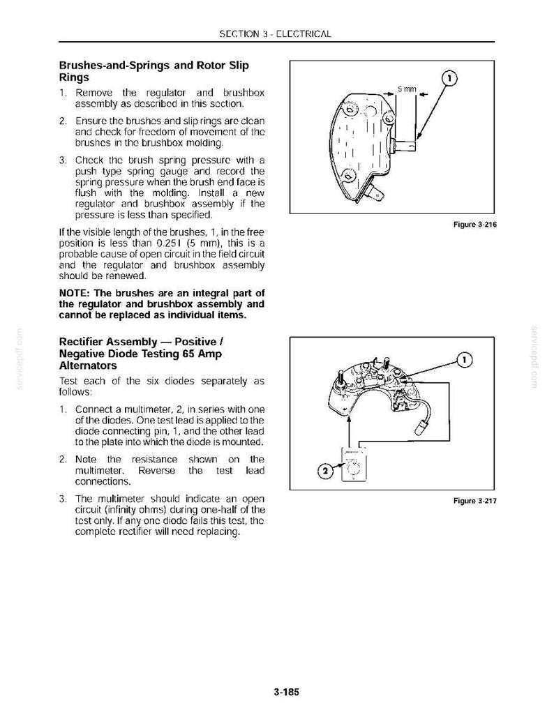 May include: A technical manual page titled Section 3 - Electrical, featuring instructions for Brushes-and-Springs and Rotor Slip Rings, including Figure 3-216 showing a 5 mm measurement, and Rectifier Assembly diode testing with Figure 3-217.