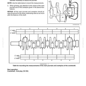 K&ouml;nnte beinhalten: Diagramm einer Motor-Kurbelwelle und eines Schwungrads, mit Markierungen zum Messen der Hauptlager und Kurbelzapfen. Enth&auml;lt eine Tabelle zur Messwerterfassung und eine Kurbelwellenzeichnung mit nummerierten Punkten. Text mit Anweisungen.