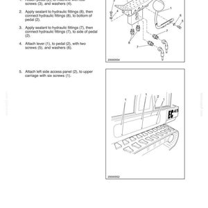 May include: A technical manual page titled Section 10 Operator's Platform showing installation diagrams for a pedal assembly with hydraulic fittings and a lever, plus a diagram of an EC45 machine carriage with numbered access panel components.