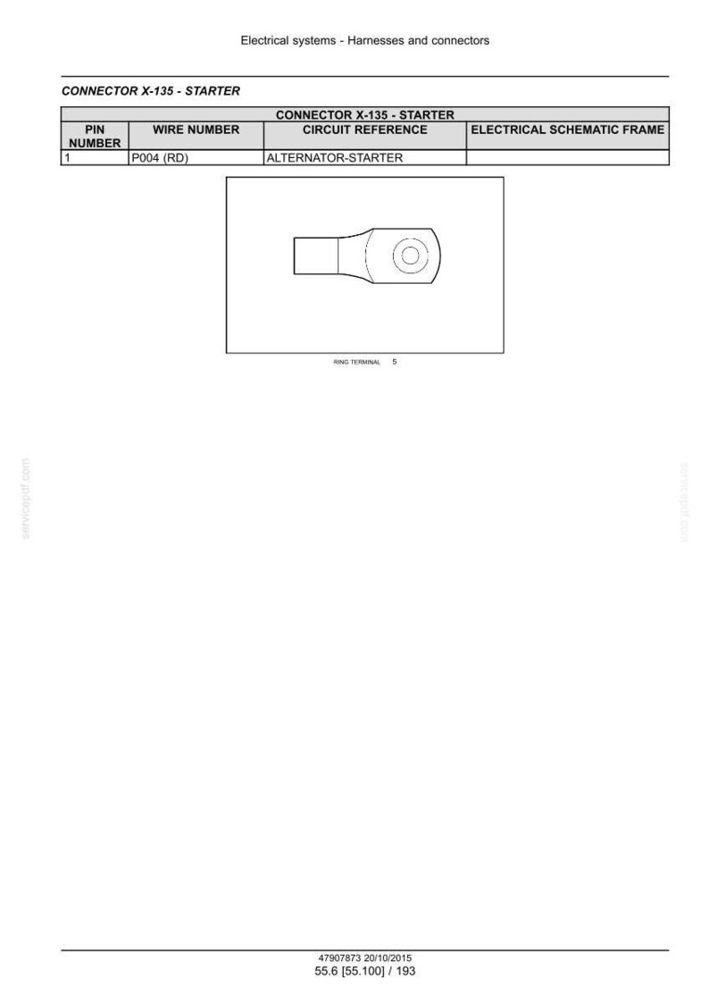 Pu&ograve; includere: Schema di un connettore ad anello, parte del sistema elettrico. Lo schema include il testo "CONNECTOR X-135 - STARTER", "PIN NUMBER", "WIRE NUMBER", "CIRCUIT REFERENCE" e "ELECTRICAL SCHEMATIC FRAME". Lo schema &egrave; su sfondo bianco.