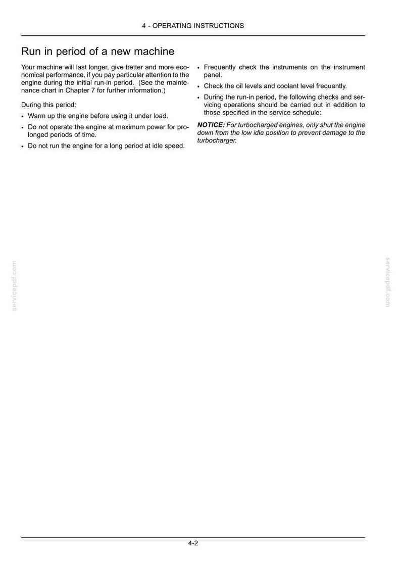 Peut inclure: Une page d'un manuel d'instructions intitul&eacute; "Rodage d'une nouvelle machine". Le texte fournit des directives pour le rodage du moteur, notamment le r&eacute;chauffement du moteur, l'&eacute;vitement d'un fonctionnement prolong&eacute; &agrave; haute puissance et la v&eacute;rification des instruments.