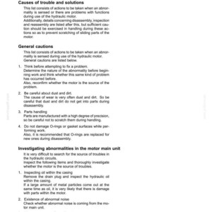 Puede incluir: Documento de instrucciones de servicio para un sistema de giro hidr&aacute;ulico. El documento incluye secciones sobre causas de problemas, precauciones generales e investigaci&oacute;n de anomal&iacute;as.