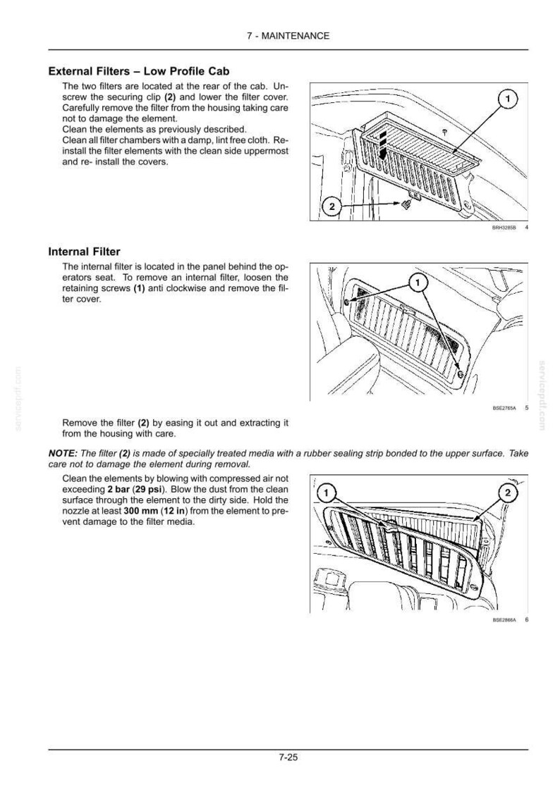 May include: A technical maintenance manual page titled 7-MAINTENANCE detailing procedures for External Filters and Internal Filters. The document includes black and white line drawings of vehicle filter housings with numbered labels and instructional text.