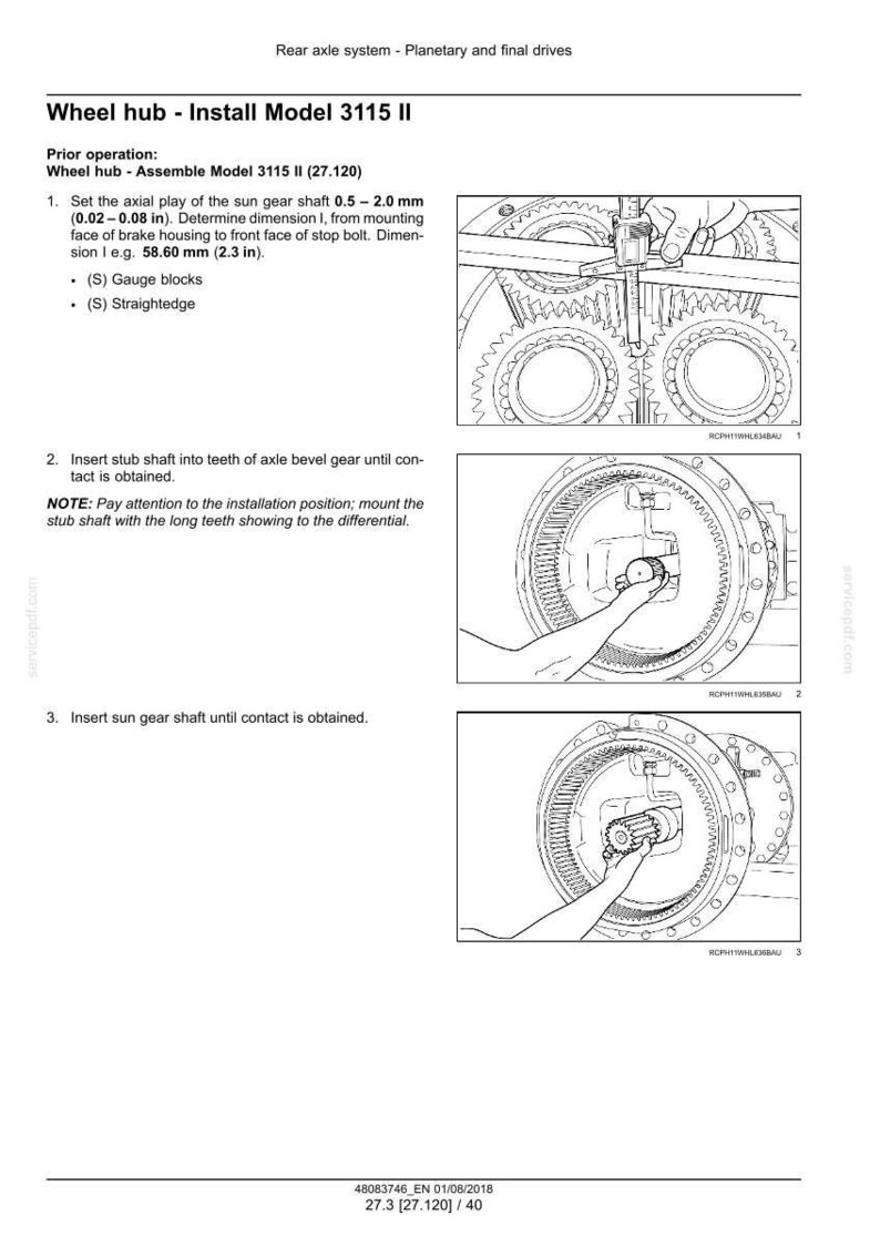 May include: Diagram showing the installation of a wheel hub, Model 3115 II, with instructions and illustrations. Includes measurements in millimetres and inches, and details on installing the sun gear shaft and stub shaft.