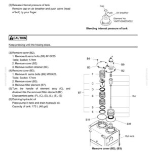 May include: A technical manual page titled 33. UPPER SLEWING STRUCTURE 33.1.7 HYDRAULIC TANK, detailing preparation for removal. It includes diagrams of an air breather, a hydraulic tank, and exploded views of internal components labeled B2 through B11.
