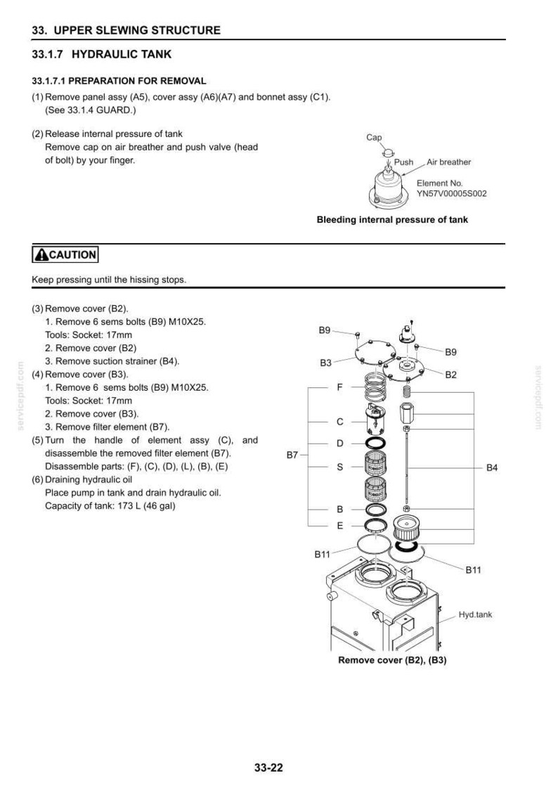 May include: A technical manual page titled 33. UPPER SLEWING STRUCTURE 33.1.7 HYDRAULIC TANK, detailing preparation for removal. It includes diagrams of an air breather, a hydraulic tank, and exploded views of internal components labeled B2 through B11.