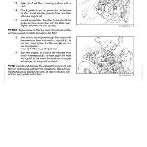 May include: A technical maintenance page titled 7-MAINTENANCE containing numbered instructions for changing an oil filter and engine oil. It features two black and white line drawings of an engine with labeled components 1, 3, and 4.